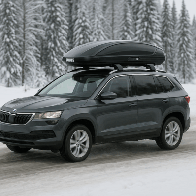 Porodica na zimovanju sa automobilom i krovnim koferom na planini