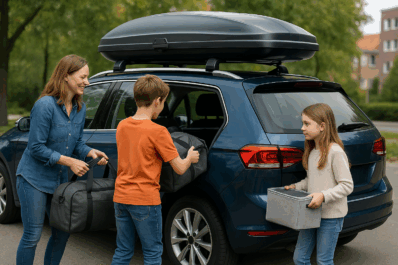 Pakovanje za putovanje uz pomoć krovnog kofera na automobilu