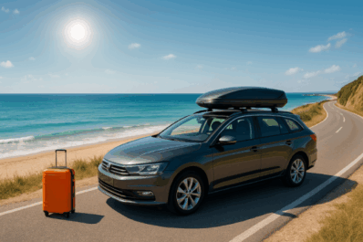Automobil sa krovnim koferom pored plaže – iznajmljivanje krovnih kofera Beograd